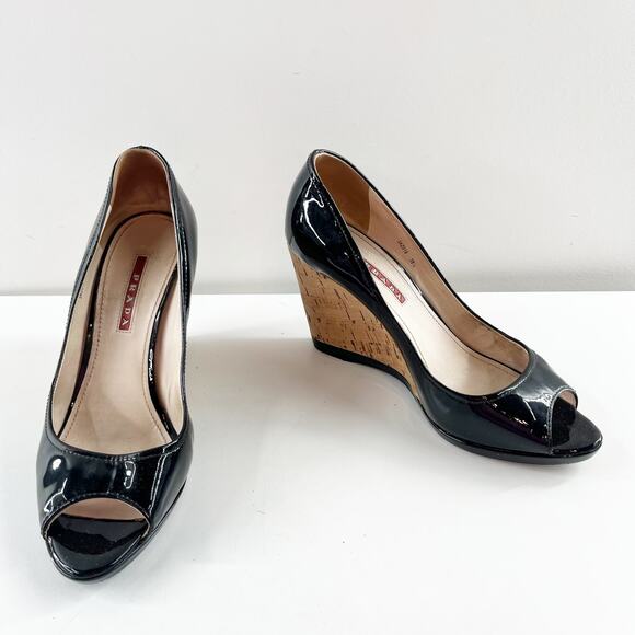 Prada Patent Leather Peep Open Toe Wedge Cork Heels Black 8.5 - Picture 2 of 7